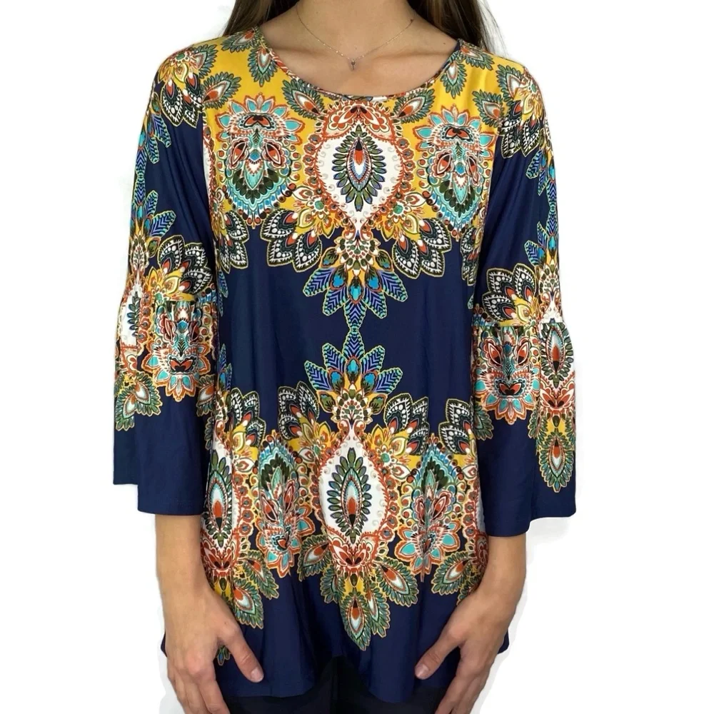 NWT Melissa Paige Boho Floral Peacock Top With Bell Sleeves Medium